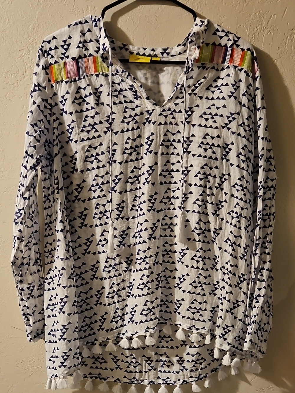 Roller Rabbit White Tunic with Navy Geometric Print & Multicolor Embroidery